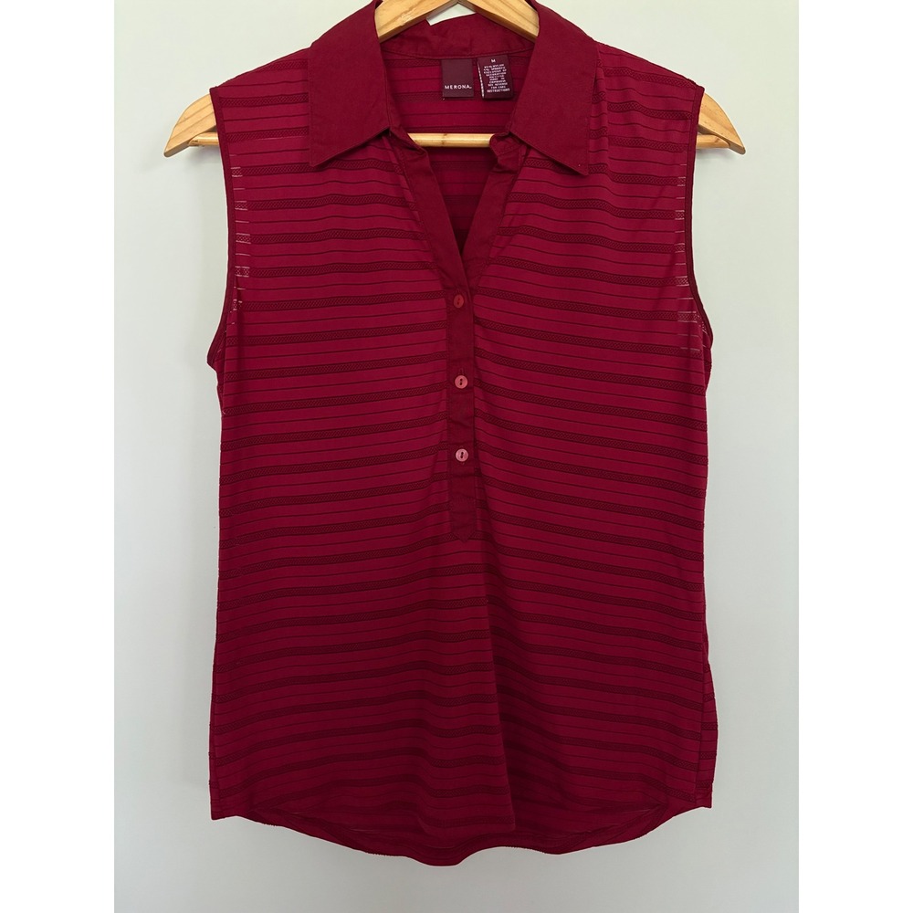 Merona Womens Burgundy Red Sleeveless Striped Polo Top Size M Stretch Sporty